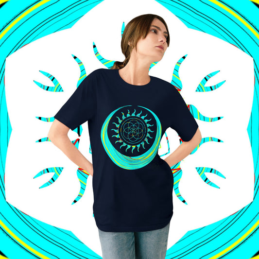 Sun and Moon T-shirt, Organic Cotton, Seed of Life Design, Spiritual Art Shirt, Cosmic Tee, Boho Shirt, Nature Lover Top, Celestial Clothing, Yoga