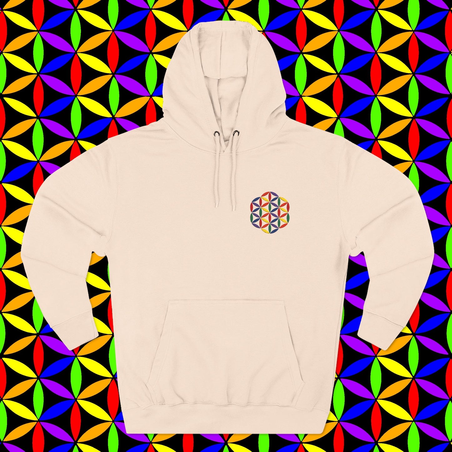 Fleece Art Hoodie, Sacred Geometry Rainbow Flower of Life Art, Psychedelic Visionary Logo Design, AlmaLaterArt, Trippy Hoodie, Festival