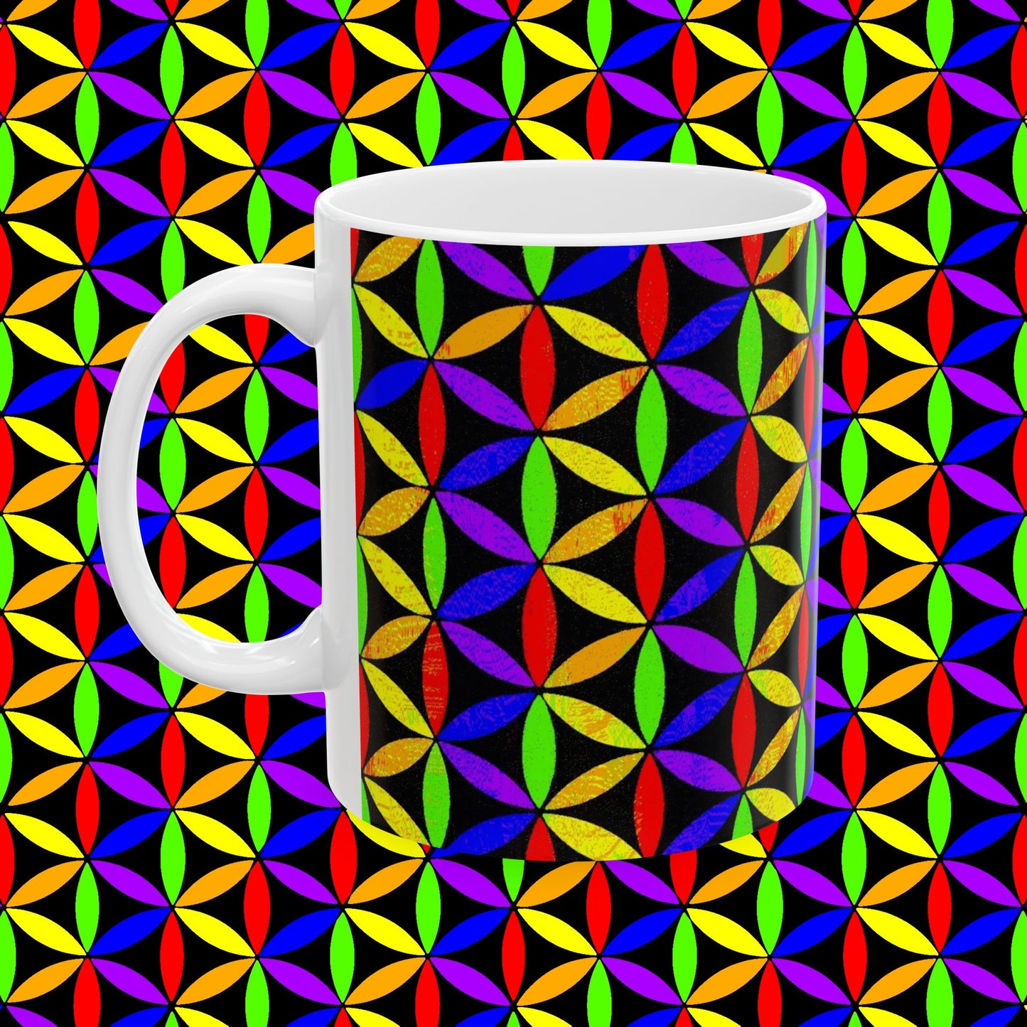 Ceramic Mug, Rainbow Flower of Life Sacred Geometry Art Mug, Spiritual People, Visionary Artists, Hippies, Vibe Out Hot Drinks , 11oz, 15oz