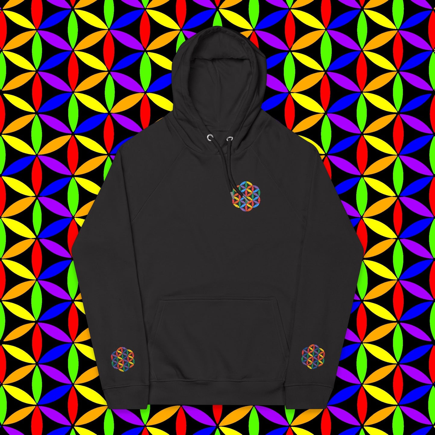 Organic Cotton Hoodie, Rainbow Flower of Life (Embroidery), Sustainable Sweatshirt, Conscious Clothing, Mindful Fashion, Nature