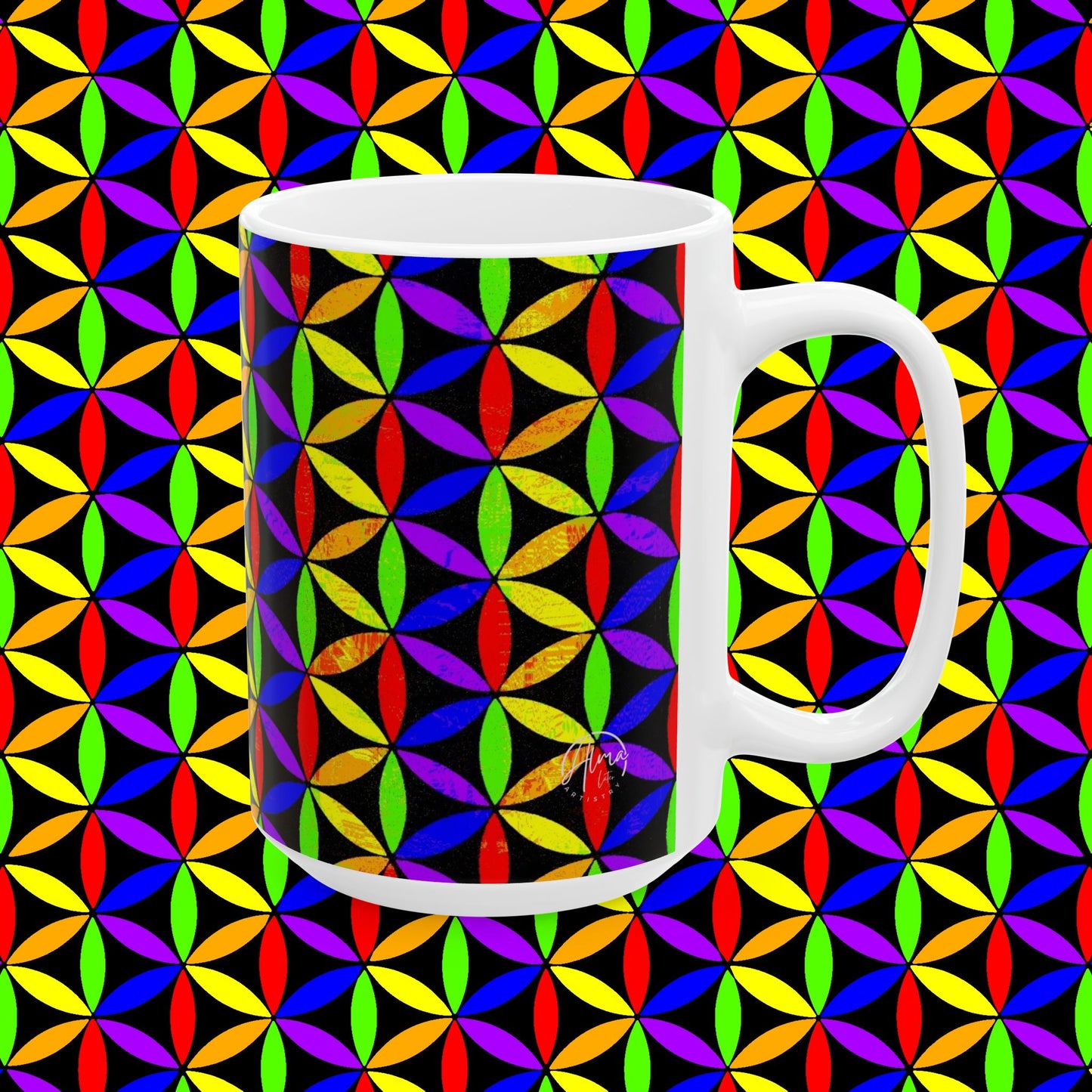 Ceramic Mug, Rainbow Flower of Life Sacred Geometry Art Mug, Spiritual People, Visionary Artists, Hippies, Vibe Out Hot Drinks , 11oz, 15oz