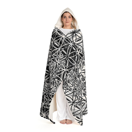 Comforting Hooded Blanket | Black n White Metatron design | Sacred Geometry Hooded Sherpa Fleece Blanket | Festival Blanket | Rave Blanket | Trip Blanket