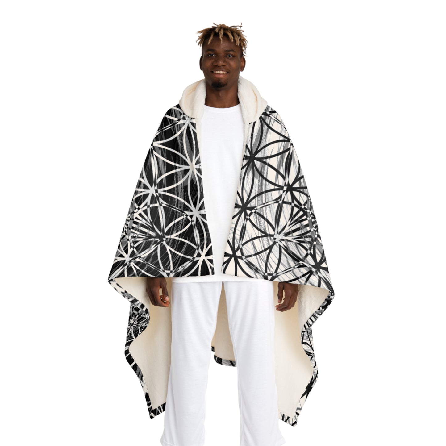 Comforting Hooded Blanket | Black n White Metatron design | Sacred Geometry Hooded Sherpa Fleece Blanket | Festival Blanket | Rave Blanket | Trip Blanket