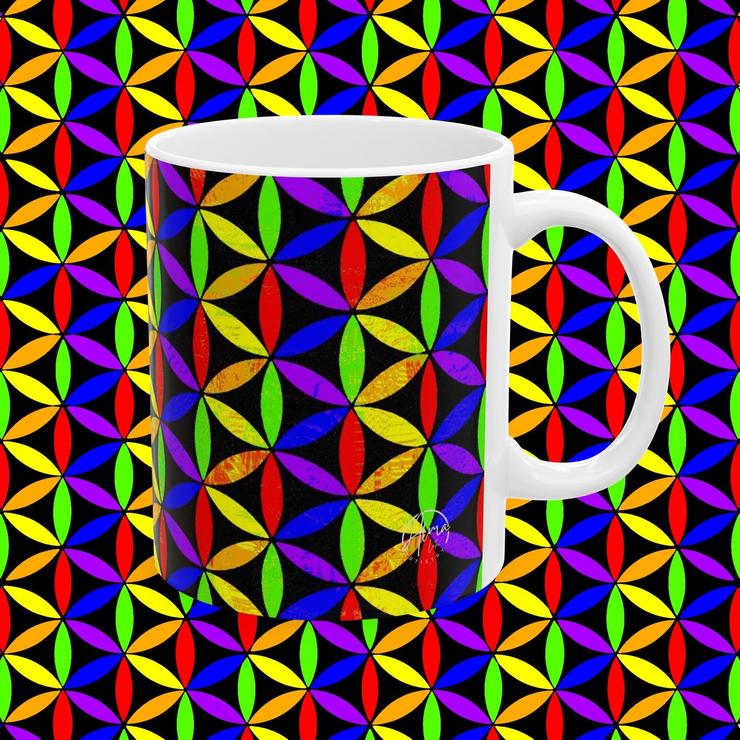 Ceramic Mug, Rainbow Flower of Life Sacred Geometry Art Mug, Spiritual People, Visionary Artists, Hippies, Vibe Out Hot Drinks , 11oz, 15oz