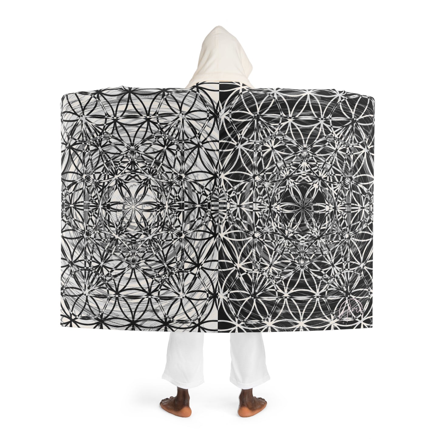 Comforting Hooded Blanket | Black n White Metatron design | Sacred Geometry Hooded Sherpa Fleece Blanket | Festival Blanket | Rave Blanket | Trip Blanket