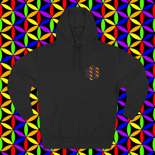 Fleece Art Hoodie, Sacred Geometry Rainbow Flower of Life Art, Psychedelic Visionary Logo Design, AlmaLaterArt, Trippy Hoodie, Festival